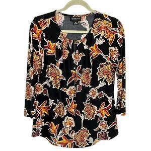 Liz Claiborne Career Slinky Knit Top size Medium Black Floral 3/4 Sleeve Keyhole
